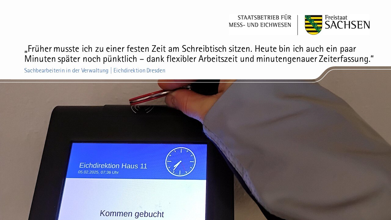 Zitat: „Früher musste ich zu einer festen Zeit am Schreibtisch sitzen. Heute bin ich auch ein paar Minuten später noch pünktlich – dank flexibler Arbeitszeit und minutengenauer Zeiterfassung.“ Darunter ein Foto, wie jemand den Arbeitszeitbeginn per Zeite